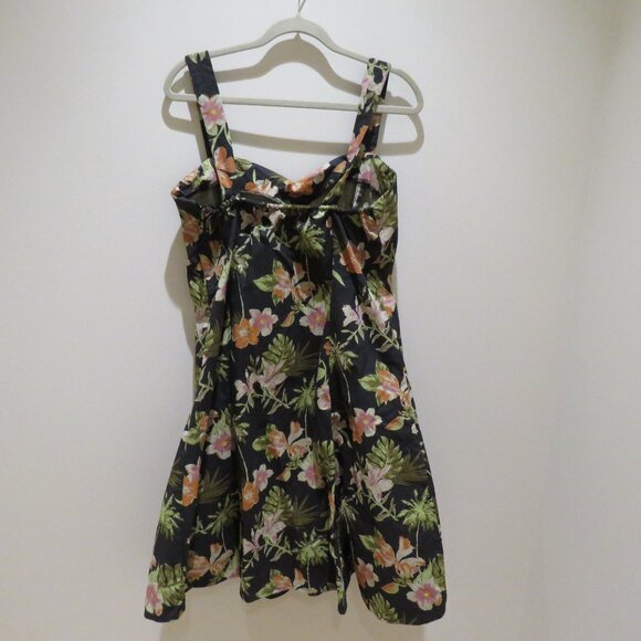 DR FAUST Marrama Palm Tree Exotic Flowers Black Retro Midi Swing Dress Rock Vtg - Picture 10 of 13